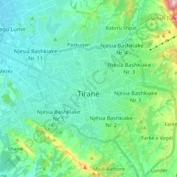Tirana topographic map, elevation, terrain