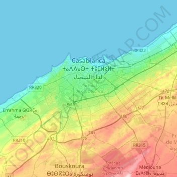 Casablanca ⵜⵉⴳⵎⵉ ⵜⵓⵎⵍⵉⵍⵜ الدار البيضاء topographic map, elevation, terrain