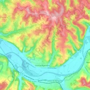 Coux et Bigaroque-Mouzens topographic map, elevation, terrain