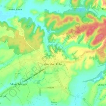 Grubišno Polje topographic map, elevation, terrain