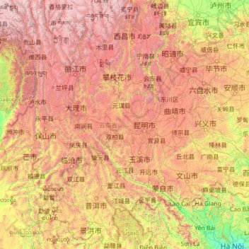 云南省 topographic map, elevation, terrain
