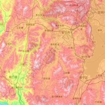 安宁市 topographic map, elevation, terrain
