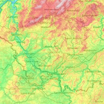 Saarland topographic map, elevation, terrain