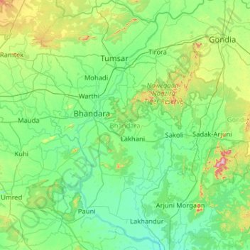 Bhandara topographic map, elevation, terrain