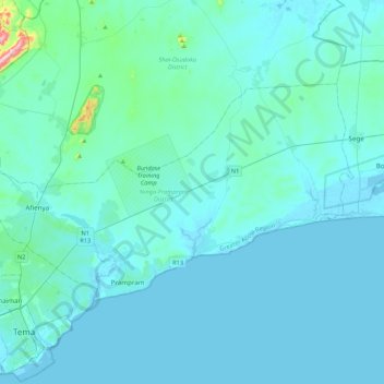 Ningo-Prampram District topographic map, elevation, terrain