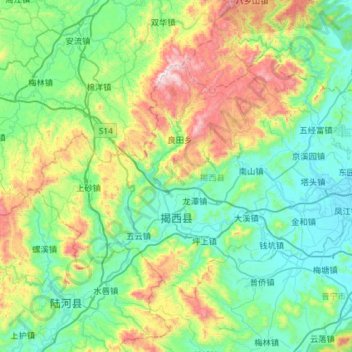 揭西县 topographic map, elevation, terrain