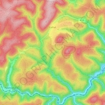 Esthal topographic map, elevation, terrain