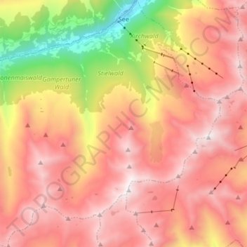 See topographic map, elevation, terrain