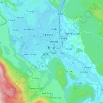 Bihać topographic map, elevation, terrain