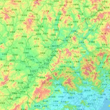 梅州市 topographic map, elevation, terrain
