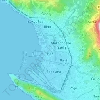 Bar topographic map, elevation, terrain