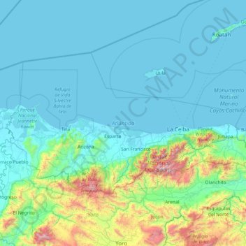 Atlántida topographic map, elevation, terrain