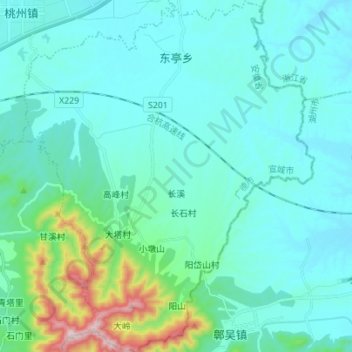 东亭乡 topographic map, elevation, terrain