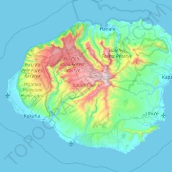 Kauaʻi topographic map, elevation, terrain