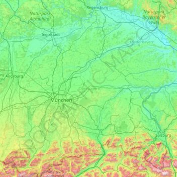 Upper Bavaria topographic map, elevation, terrain