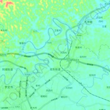 双东街道 topographic map, elevation, terrain