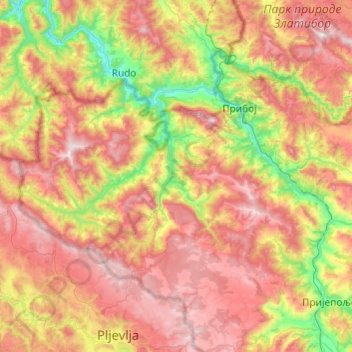 Priboj Municipality topographic map, elevation, terrain