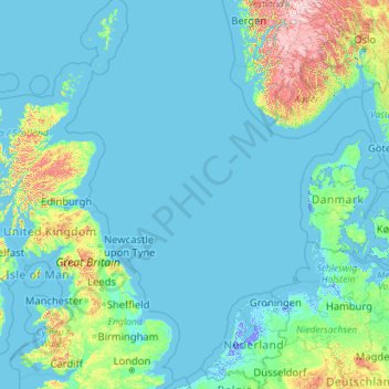 North Sea topographic map, elevation, terrain