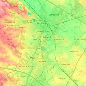 Nuneaton and Bedworth topographic map, elevation, terrain