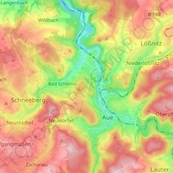 Aue-Bad Schlema topographic map, elevation, terrain