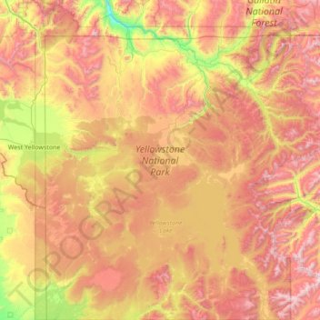 Yellowstone-Nationalpark topographic map, elevation, terrain