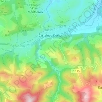 Castelnau-Durban topographic map, elevation, terrain