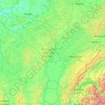 Bourgogne-Franche-Comté topographic map, elevation, terrain