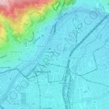 Innsbruck topographic map, elevation, terrain