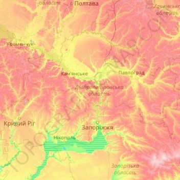 Oblast de Dnipropetrovsk topographic map, elevation, terrain