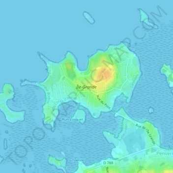 Île-Grande topographic map, elevation, terrain