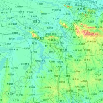 Huainan City topographic map, elevation, relief